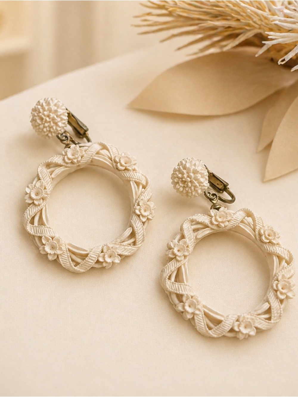 Vintage 1960s White Carved Flower Floral Circle Round Clip on Earrings